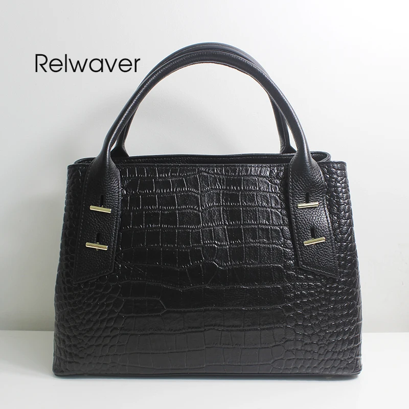 

Relwaver women genuine leather handbags luxury crocodile pattern cow leather black office lady female middle size dress tote bag