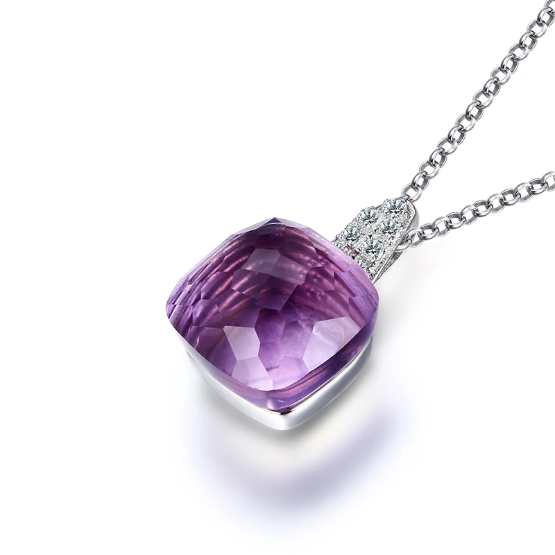 

100% Real Pure 925 Sterling Silver Necklace Square Nature Amethyst Necklaces & Pendants for Women Wedding Engagement Jewelry