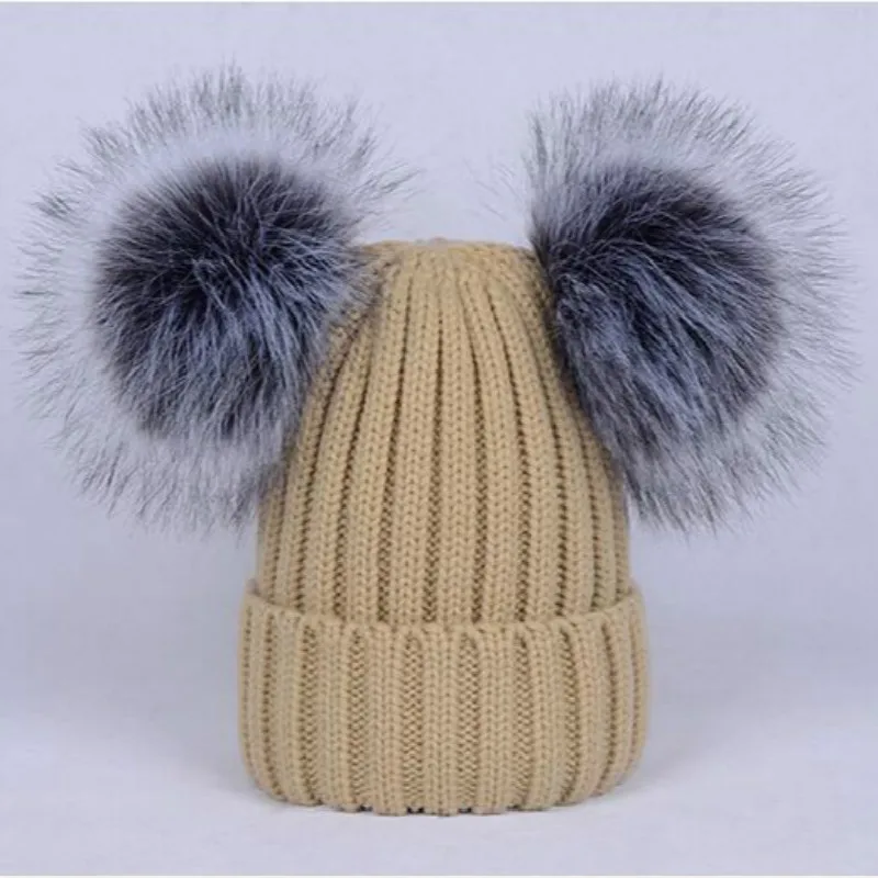 Двойной Искусственный помпон из лисьего меха, зимняя шапка, модный однотонный вязаный берет, два меховых шар-помпон, шапочки - Цвет: Хаки