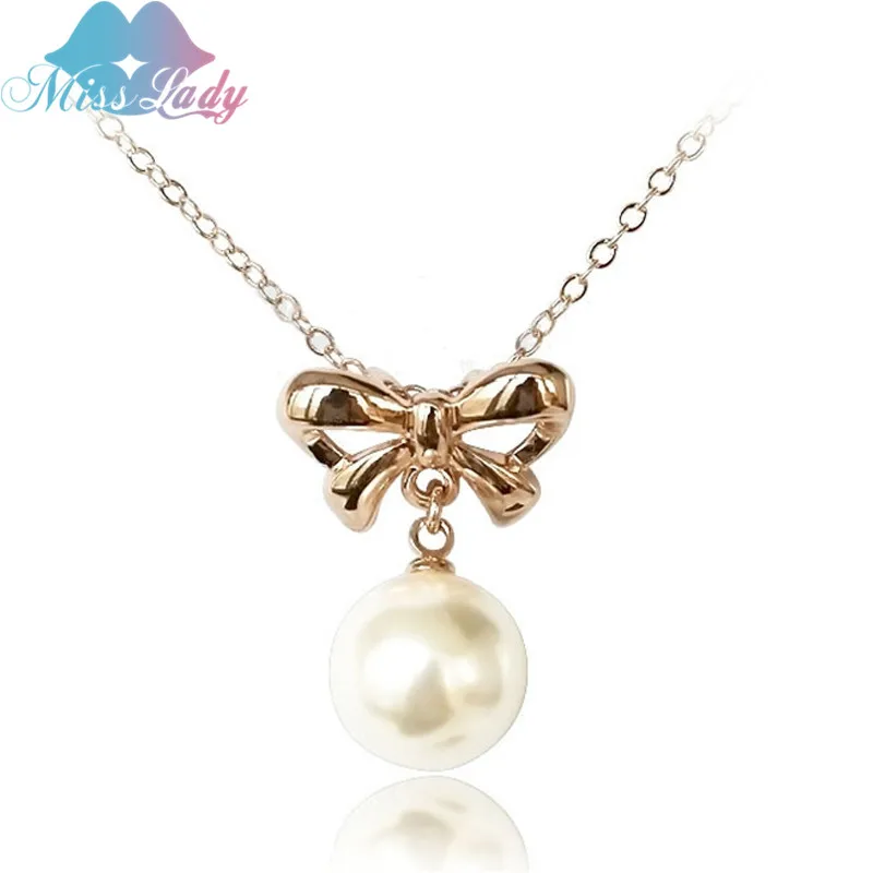 

Miss Lady Silver color Korea Bow knot imitation pearl Necklaces & Pendants Wholesales Fashion Jewelry for women MLZ1275