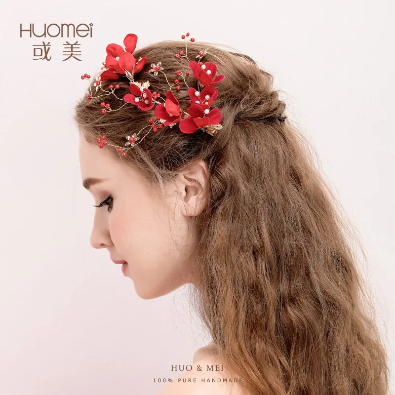 charm handmade Red Flower Pearls Hairwear font b Women b font Headdress Head Hairbands Crown Jewelry