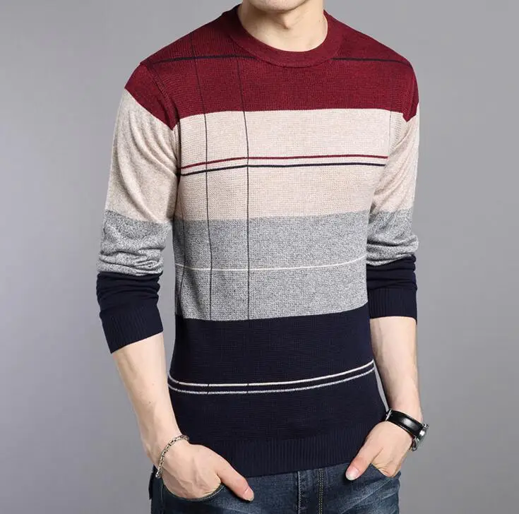 Весенне-осенний модный брендовый Повседневный свитер с круглым вырезом, облегающий вязаный мужской свитер и полосатые вязаные пуловеры для мужчин M-3XL - Цвет: F03