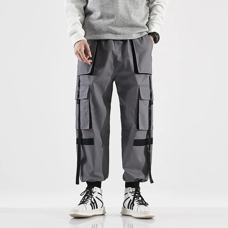 LAPPSTER Mens Streetwear Cargo Pants Overalls Mens Black Joggers Track Pants Color Block Harajuku Hip Hop Sweatpants 5XL - Цвет: Grey