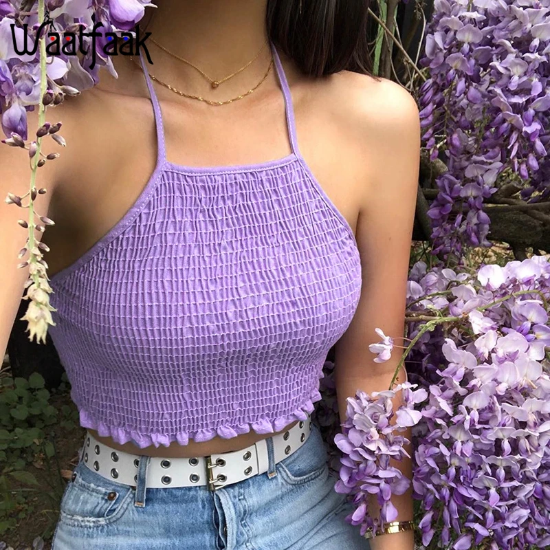 

Waatfaak Purple Sexy Camisole Halter Tank Top Sleeveless Skinny Harajuku Crop Top Pleated Backless Summer Cropped Tops Women