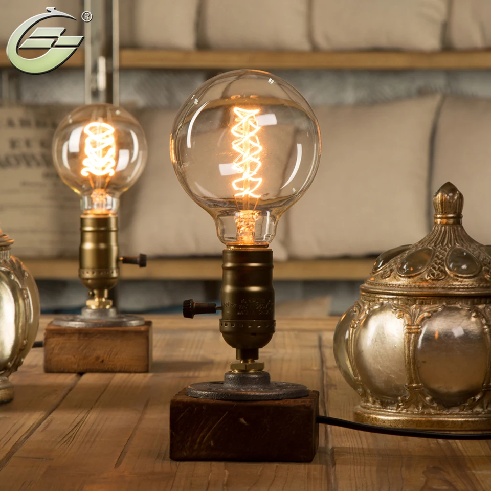  2PACK Loft Vintage E27 Edison Bulb Table LampWood Base LightDimmer Switch Control Desk LampsBar Hom