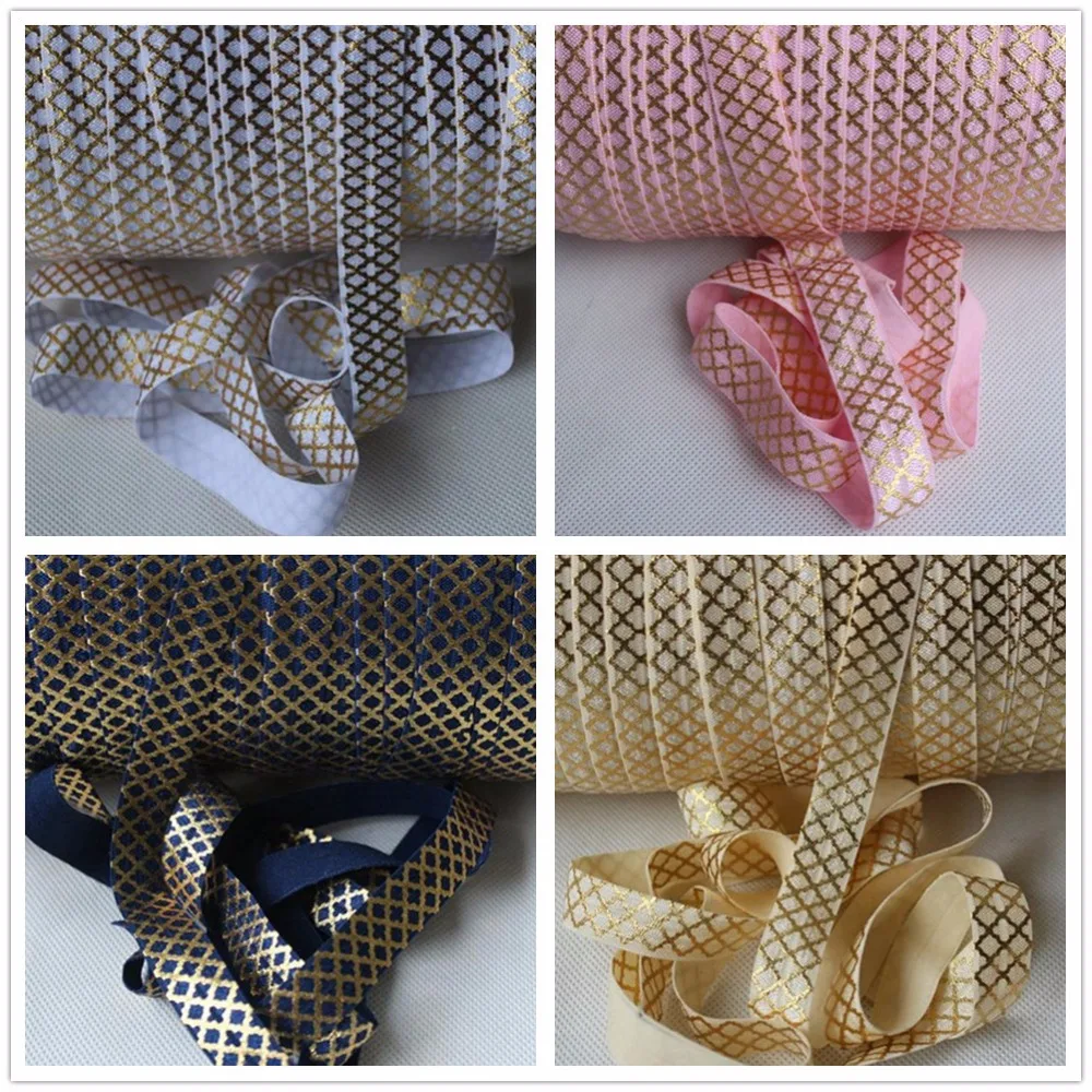 

5/8'' 15mm Gold Foil Small Quatrefoil Printed FOE Fold Over Elastic Ribbon 50Yards