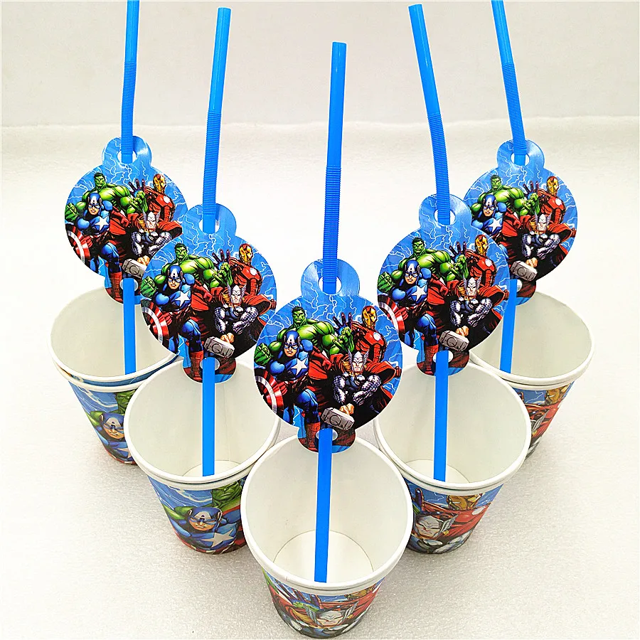 

20p/set Avengers Party Decoration Disposable Tableware Superhero Drinking Straws Cups kids birthday Party Supplies