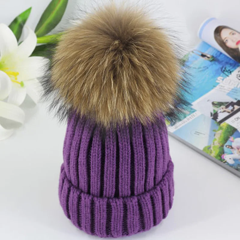 Real Fur Hat Knitted Real fox hair bulb Pom Pom Hat Women Winter Hat Unisex Kids Warm with wool Chunky Thick Stretchy Knit hat - Цвет: mink Purple