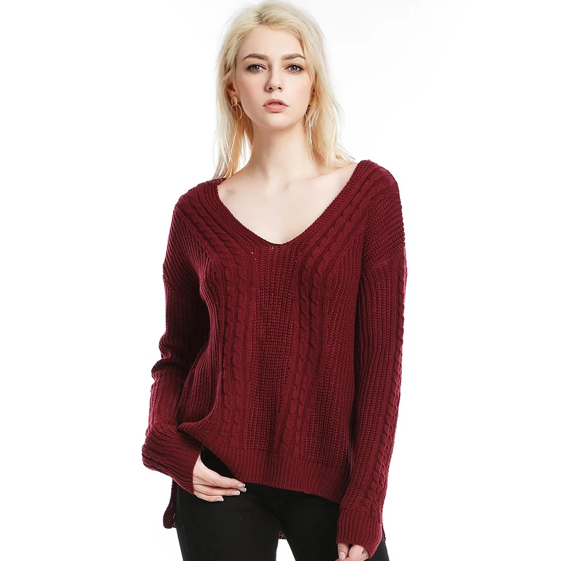 Womens Sweaters V neck pullovers Long Sleeve warm Sweater cross tops