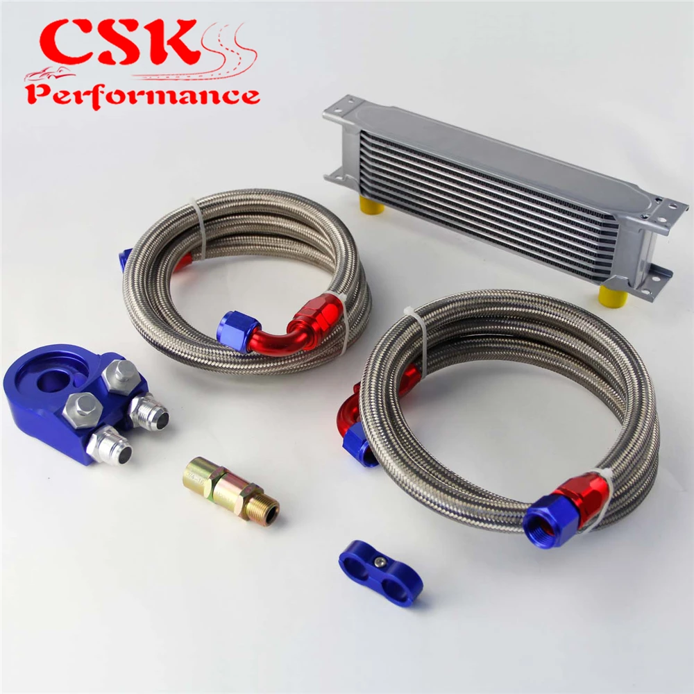 ^*Best Offers Universal 10 Row 248mm AN10 Engine Transmission Oil Cooler British Type + Aluminum Filter Adapter Kit Blue
