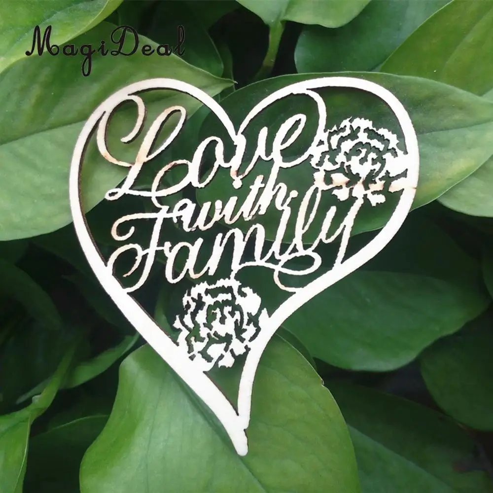 MagiDeal New 10Pcs Unfinished Heart Shapes 'Love with Family' Wooden DIY Craft for Card Making Hanger Decoupage Art Supplies