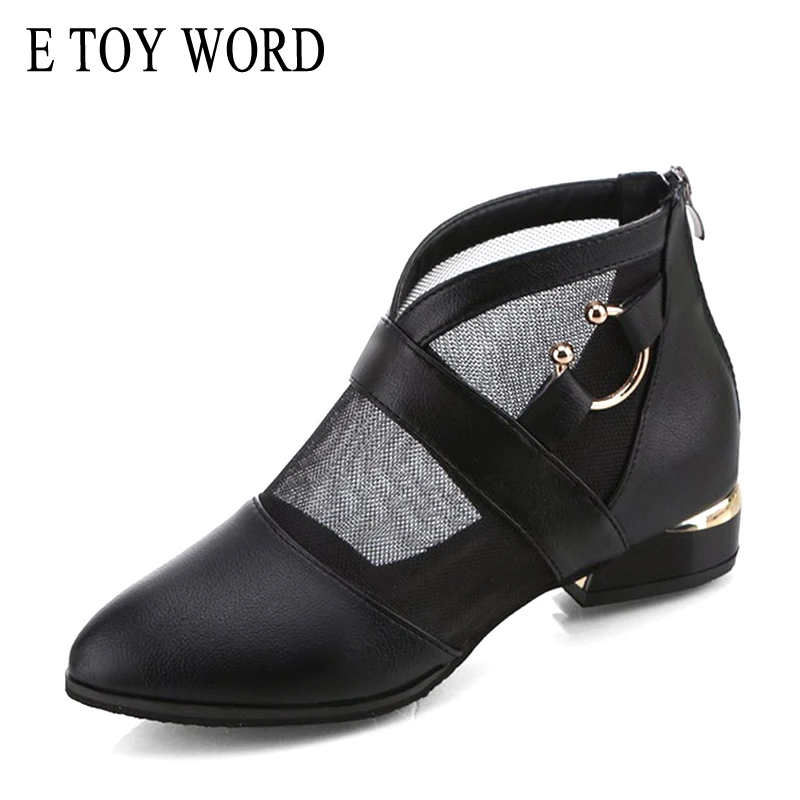 

E TOY WORD New summer thick heel shoes pointed toe PU leather mesh sandals women ankle low heels Breathable womens sandals boots