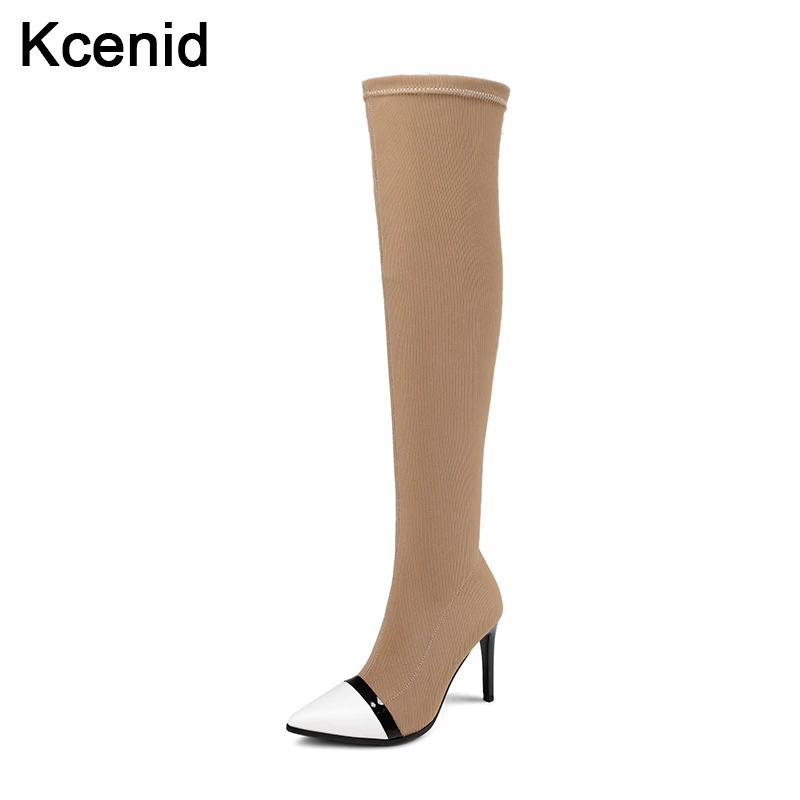 

Kcenid Winter fashion knitted shoes woman over the knee high boots genuine leather sexy pointed toe slim boots plus size 34-43