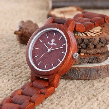 

SKONE Top Brand Wood Watches Women Red Nature Sandalwood Round Quartz-watch Casual Ladies Dress Clock Saat Relogio Feminino 2018
