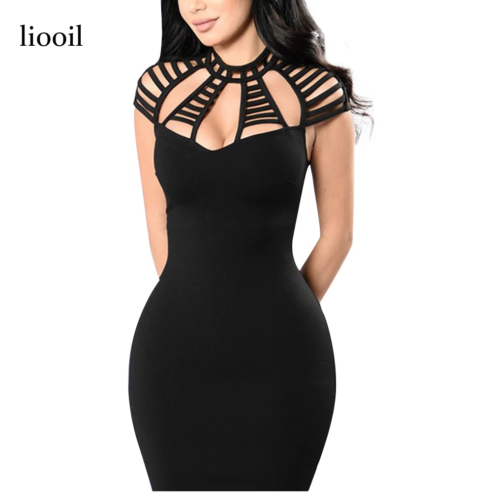 Liooil Black Cut Out Summer Dress Women Short Sleeve O Neck Hollow Out ...