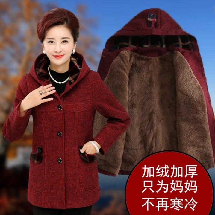 Middle-Aged Womens Ladies Mom Thicken Warm Solid Color Pocket Faux Fur Trimmed Hooded Coats Medium Length Jacket Parka Trench Outwear Winter Qikoup