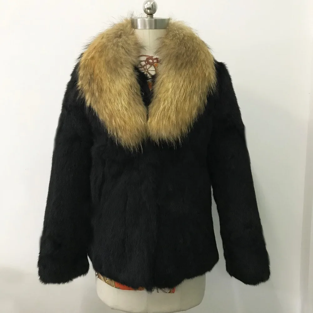 Real Rabbit Fur Coat with V neck and Big Fluffy Natural Raccoon Fur Jacket Short Waistcoat Warm For Lady Winter Autumn tsr446