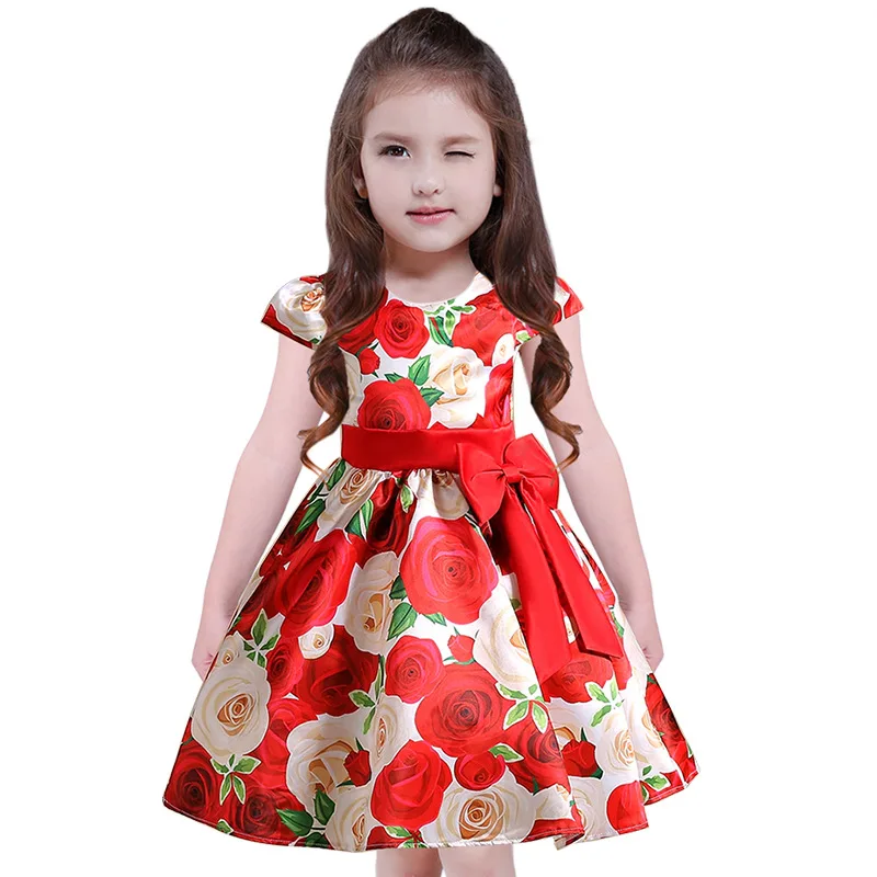 

Children Girls Red Bow Party Dress Infant Flower Printed Princess New Year Costume Tulle Ball Gown Dresses Kids Summer Clothes