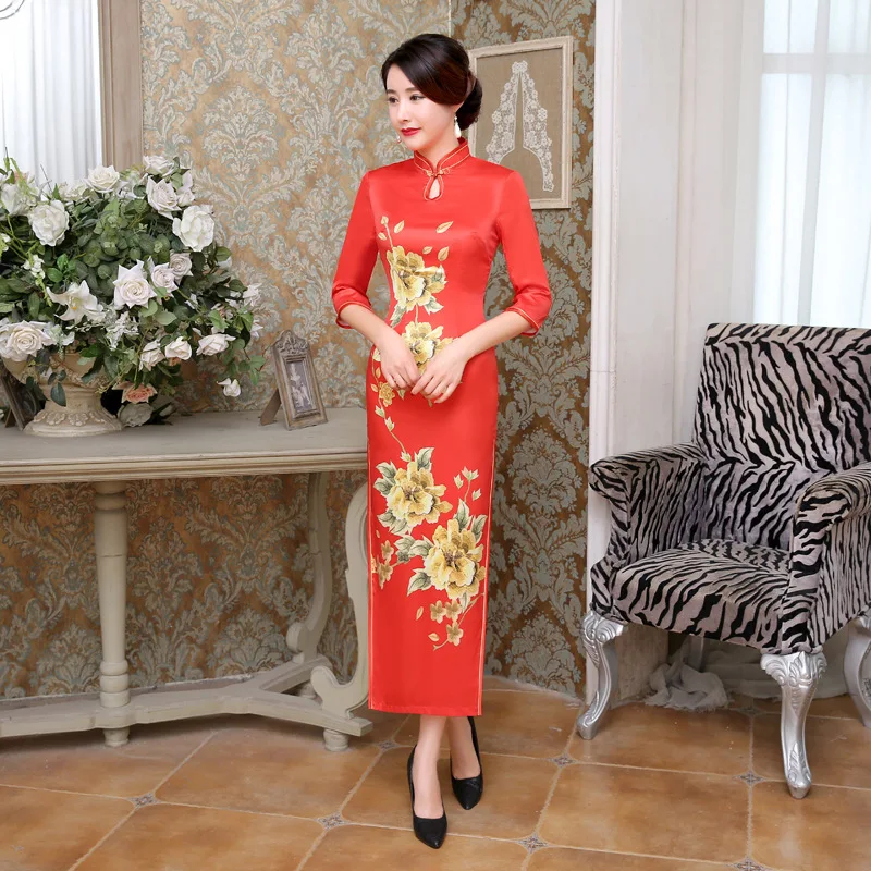 Шэн Коко шелк зеленый длинные Qipao атлас Cheongsam Половина рукава Chipao зеленый низ золотой цветок Длинные китайские платья Шанхай