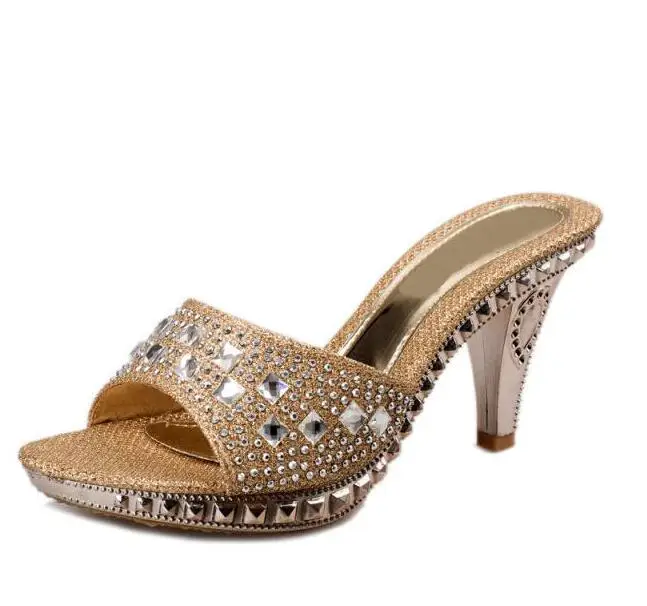 VTOTA/женские шлепанцы; босоножки на высоком каблуке и платформе; коллекция года; стразы; Sandalias Mujer sapato feminino; женская обувь; женские шлепанцы; R43 - Цвет: Золотой