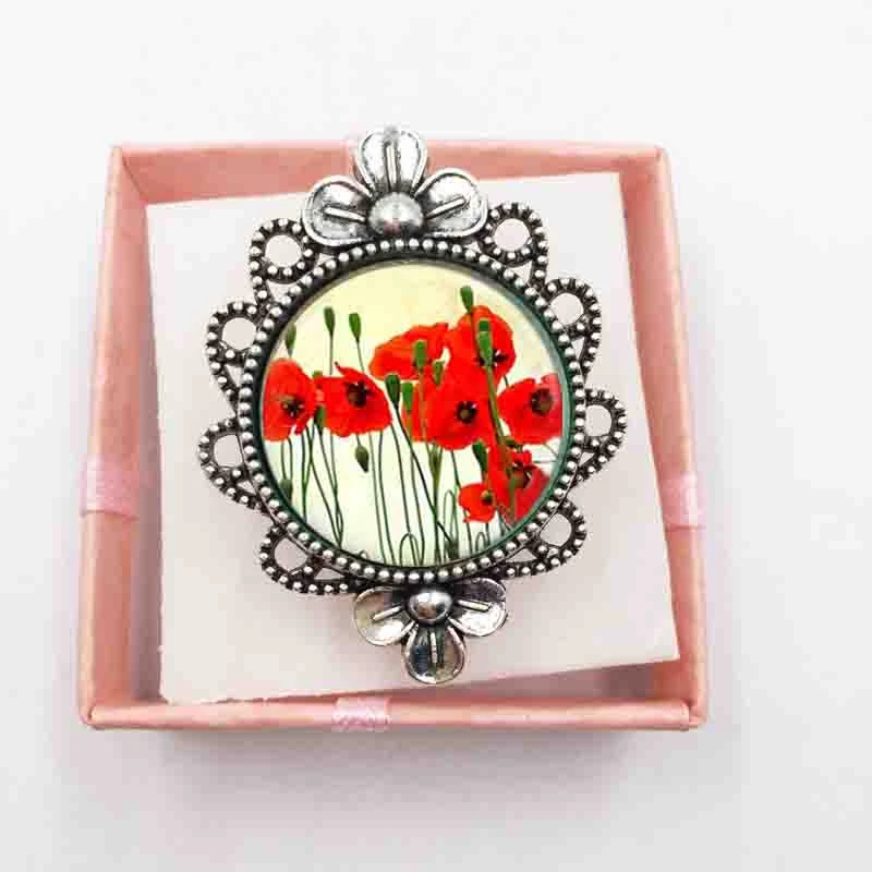 

Poppy Silver Ring Red Flower Picture Art Unique Art Vintage Ring Jewelry Gift Of Women Men Lovers