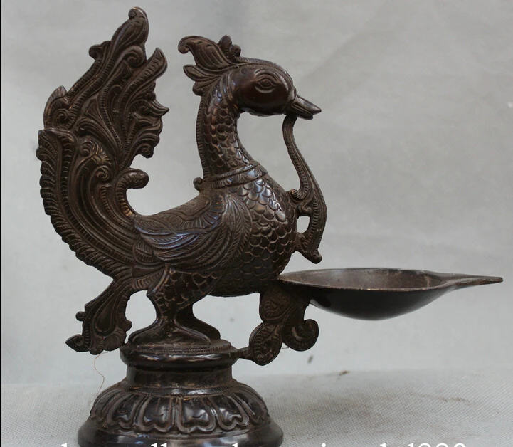 

JP S62 China Chinese Dynasty Palace Bronze Phoenix Juno Bird Statue Oil Lamp Stand Set