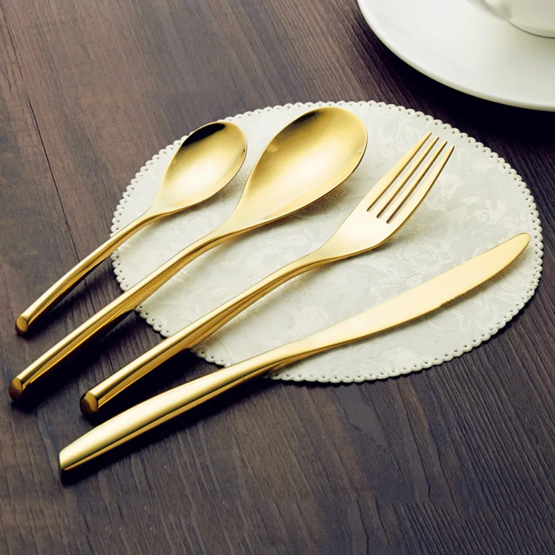 JANKNG 24K Gold 4Pcs Set Flatware Set Stainless Steel Tableware Cutlery Set Knife Fork Spoon Tableware