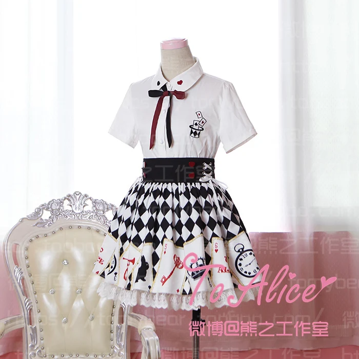 

Shoujou God of gamblers Kawaii Girls Summer 2PCS Set: Short Sleeve Blouse Shirt + Suspender Poker Print Skirt Lolita Cute