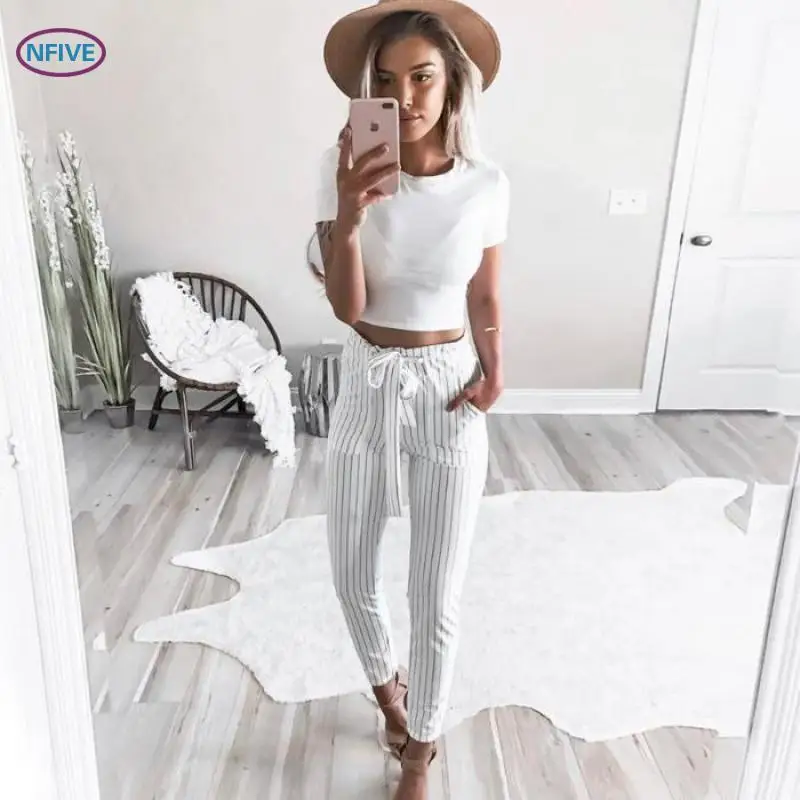 

NFIVE Brand 2018 Women Tight Nine Pants New Fashion European American Stripes Britches Quality High Waist Belt Pencil Trousers