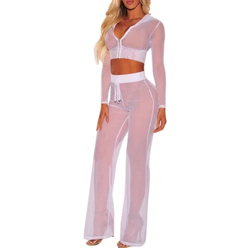 

Sexy See Through Women Summer Set Long Sleeve Zipper Hoodies Crop Top + Drawstring Long Pants Mesh Transparent Clothing Set
