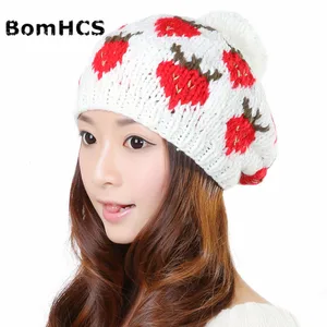 BomHCS Cute Strawberry Women 100% Handmade Knit Hats Baggy Beanie Hat Winter Warm Cap