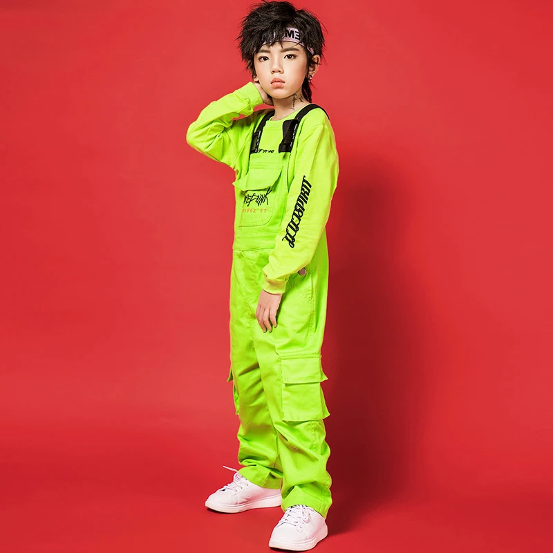 New Kids Dance Costumes Boys Neon Green Clothes Bib Pants For Street Dance Dtage Costume Children Boys Hip Hop Wear BL1933