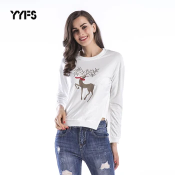 

New Christmas deer irregular hem long-sleeved T-shirt top Large size loose round neck pullover Sweatshirt female