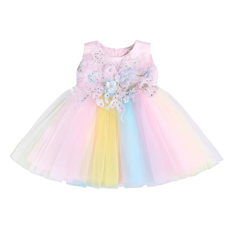 dress Платье для девочек детская одежда с цветочным узором для девочек, детское платье принцессы из бисера на свадьбу, день рождения, радужная пастель, тюлевые вечерние платья, Vestidos 4JJ - Цвет: dress
