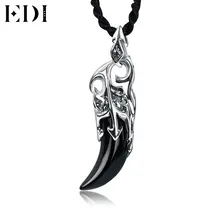 Fashion Retro 925 Sterling Silver Pendant,Black Chalcedony Agate Wolf Tooth Vintage Necklace Pendant For Cool Men Amulet Jewelry