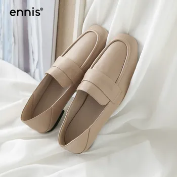 

ENNIS 2019 Autumn Loafers Shoes Women Genuine Leather Moccasins Fashion Beige Black Flat Shoes Square Toe Ladies Flats New C9107