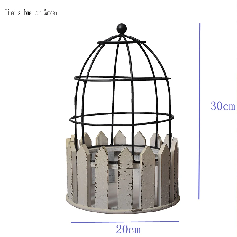 vintage antique handmade wood round fence planter holder with metal wire dome (3)
