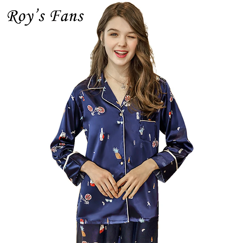 Roy's Fans/модные пижамные комплекты с принтом, длинными рукавами и отложным воротником, длинные штаны, 2 предмета, женские повседневные