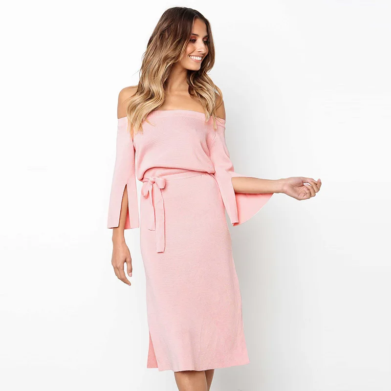 

Off shoulder Sexy Polyester Dress Split High Waist Party Spring & Autumn Slash Neck Strapless Solid Dress 6Q1994
