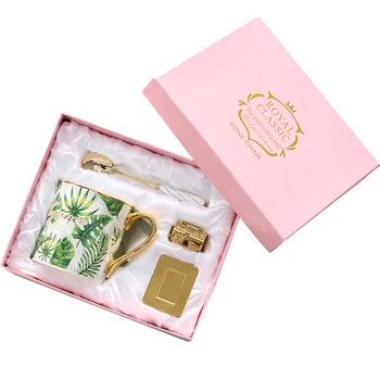 

New Fashion Ceramic Coffee Mug Tea Cup Milk Cup With Golden Handle Spoon Gift Box Drinkware For Birthday Wedding Valentine's Day