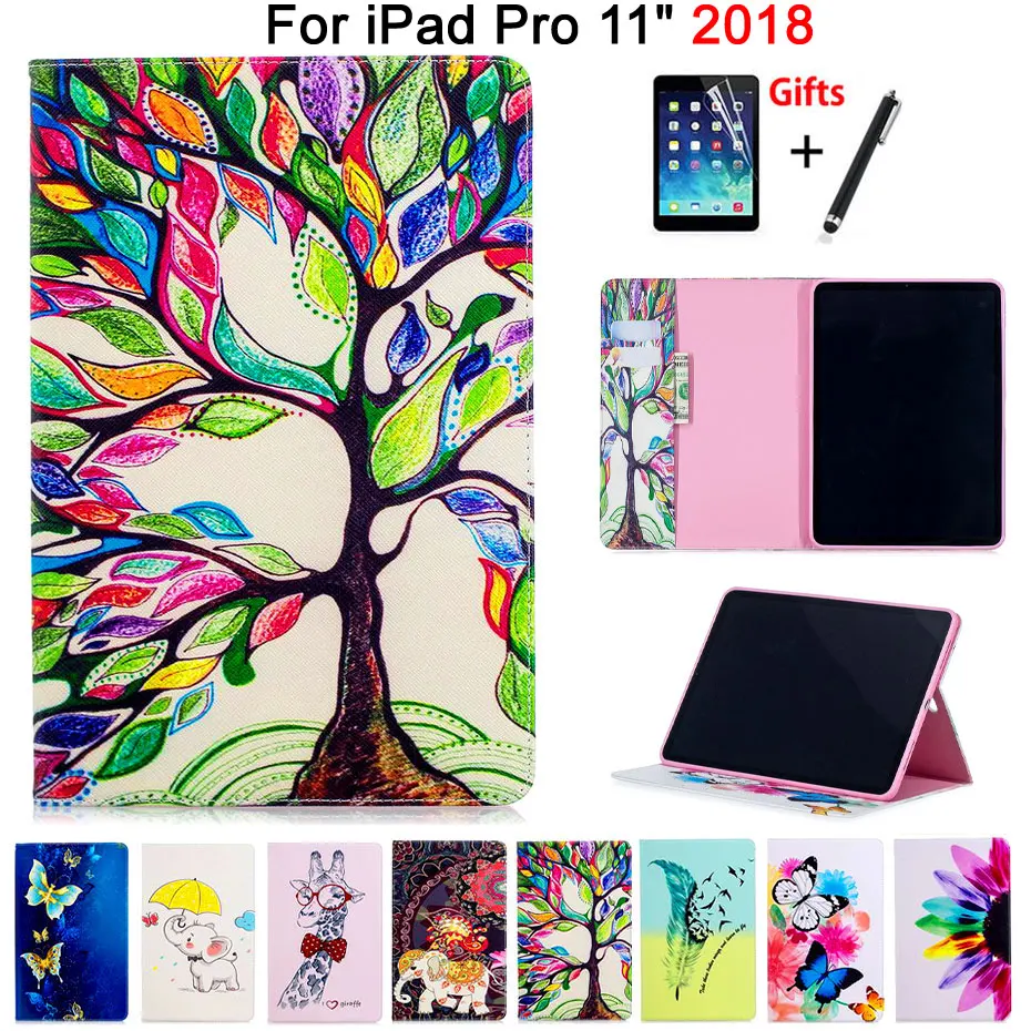 

Case For iPad Pro 11" 2018 Smart Cover Funda For New iPad Pro 11 inch 2018 Fashion painted PU Leather Stand Skin Shell +Film+Pen