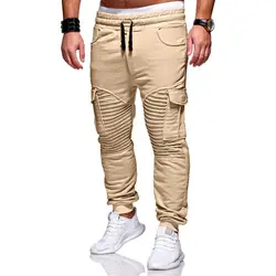 Для мужчин Training фитнес лоскутное штаны со складками Эластичный Slim Fit спортивные длинные мотобрюки JL