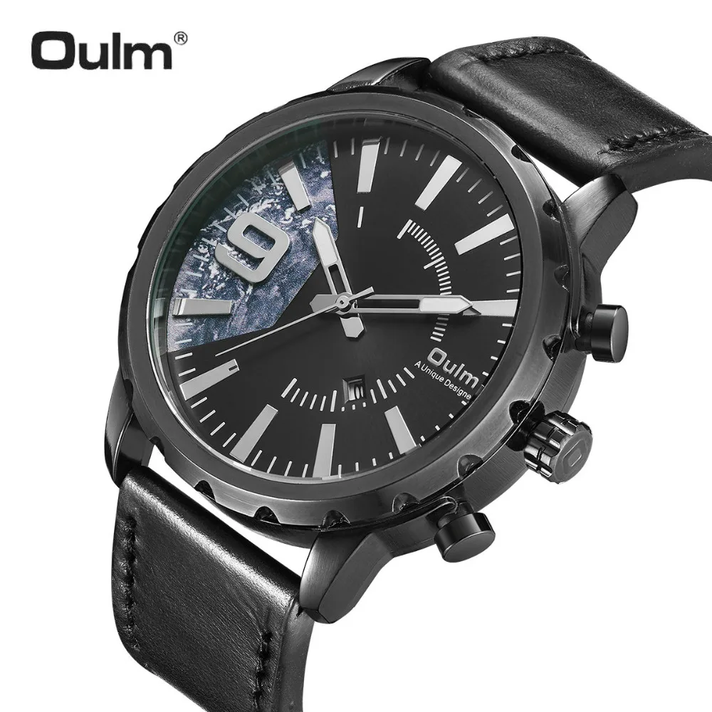 OULM Мода Повседневное кварцевые часы Для мужчин Лидирующий бренд роскошный черный кожаный ремешок большой Размеры случае военные