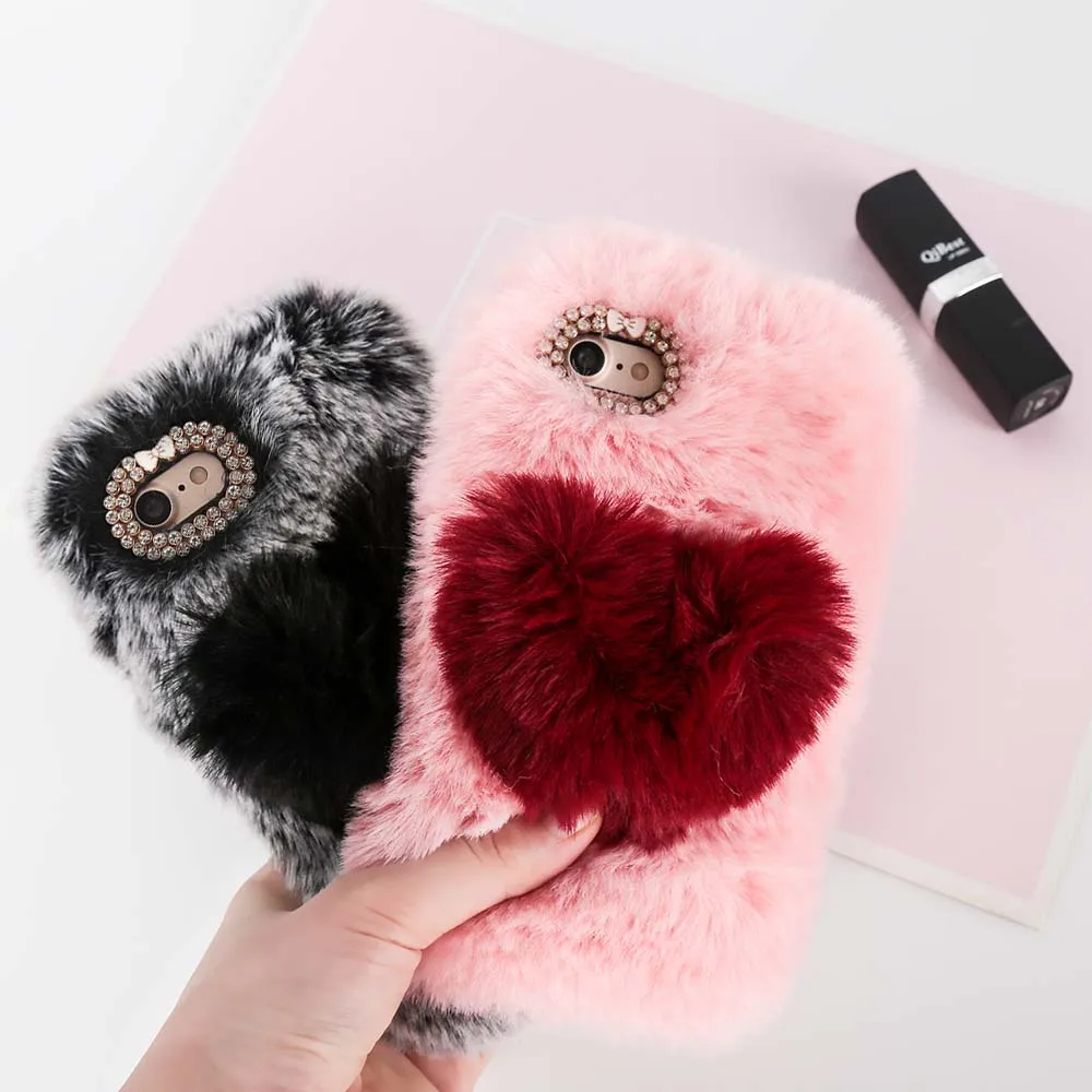 

Love Heart Case For iPhone X XS Max XR 7 8 Plus Cute Rabbit Cover Hairy Fur Fluffy Phone Case For iPhone 6 6S 7 8 Plus 4 5C Capa