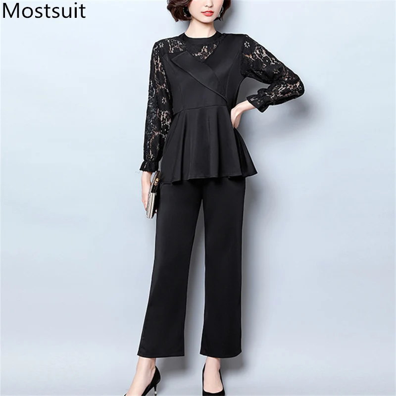 Plus Size Black Women Two Piece Sets Spring Autumn Lace Fake Two Pieces Tops And Pants Suits