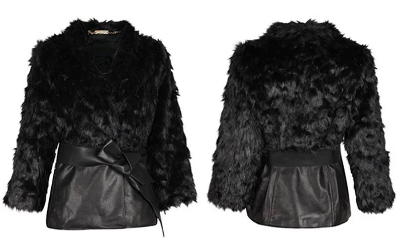 Кожаная Меховая куртка черная Лоскутная Женская зимняя теплая приталенная куртка с поясом с бантом и карманами на молнии