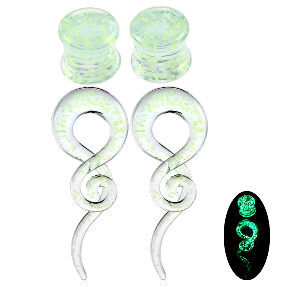 4pcs Pyrex Glass Ear Spiral Taper Glow in Dark Ear Tunnel Plugs