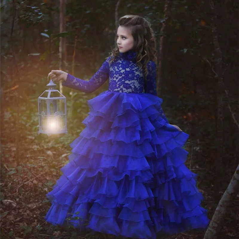 

2019 Latest Cute Blue Flower Girls Dresses Ball Gown O Neck Long Sleeve Lace Applique Kids Girls Birthday Dress Pageant Gown