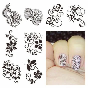 YZWLE 1 Sheet Optional Watermark Nail Stickers Black Lace Flower Nail Art Water Transfer Sticker Decals Nails Wraps Decor