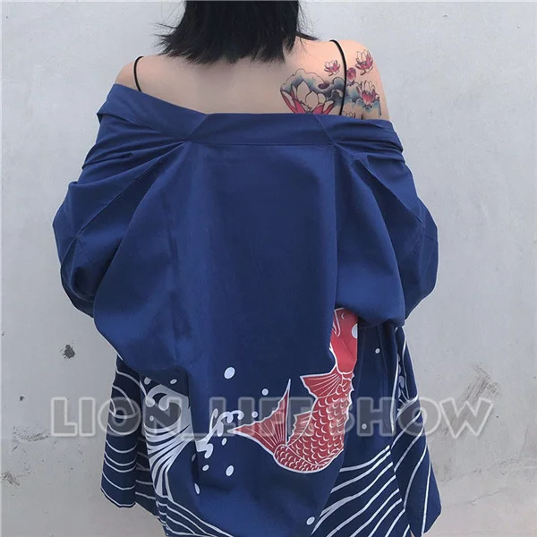 

Summer Matsuri Japan Women 3/4 Sleeve Loose Blue Kimono Yukata Coat Outerwear
